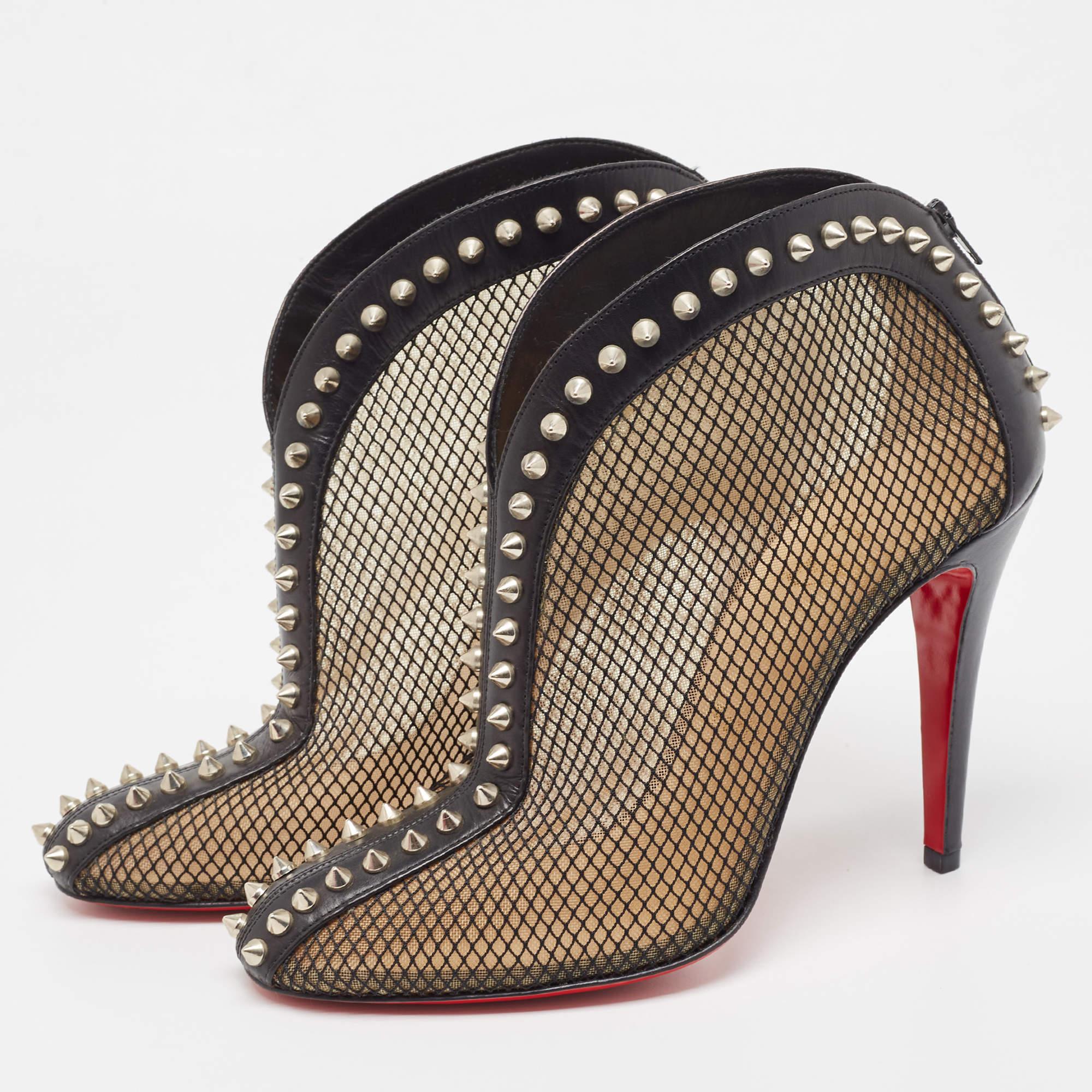 Christian Louboutin Black Mesh and Leather Bourriche Ankle Booties Size 38.5 For Sale 2