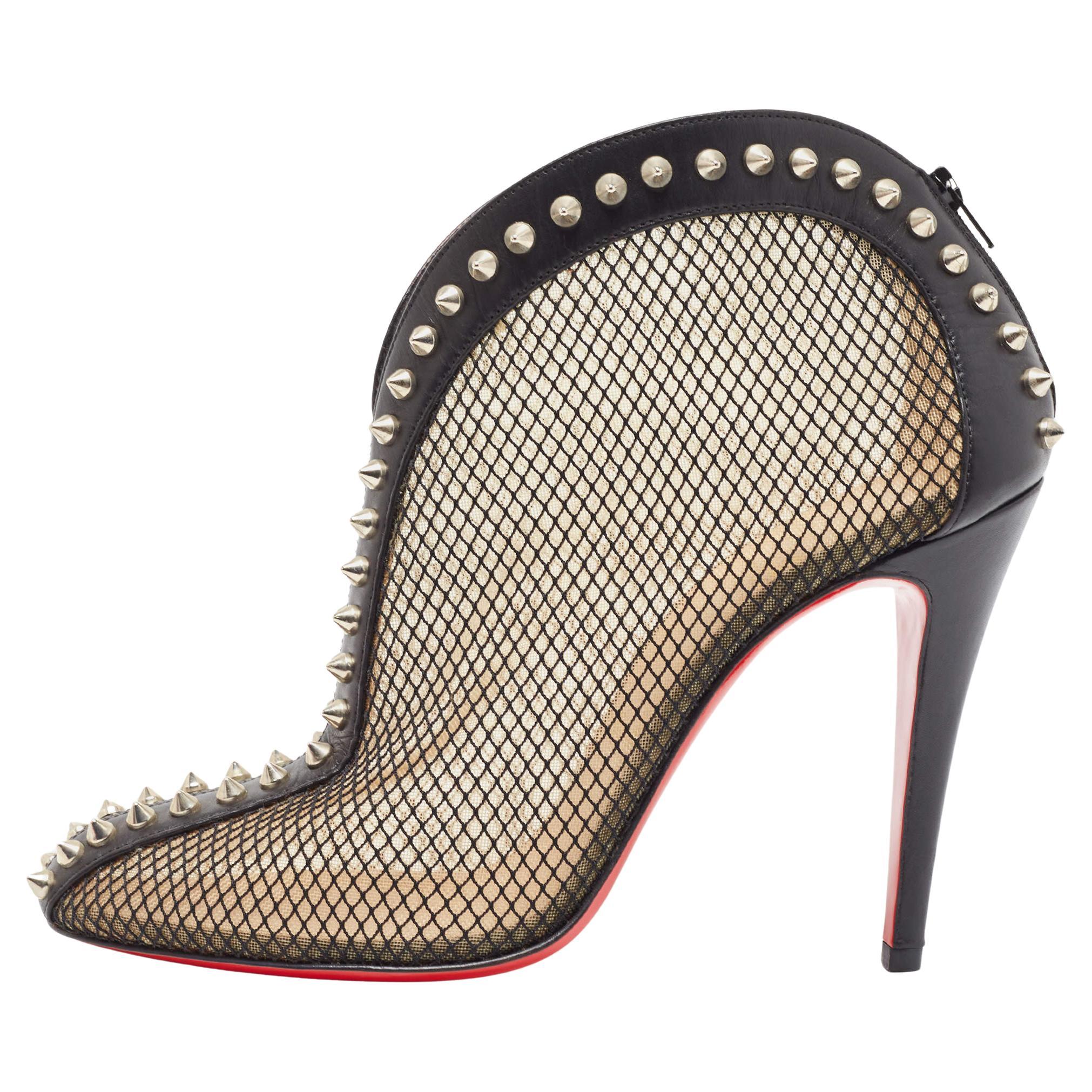 Christian Louboutin Black Mesh and Leather Bourriche Ankle Booties Size 38.5 For Sale