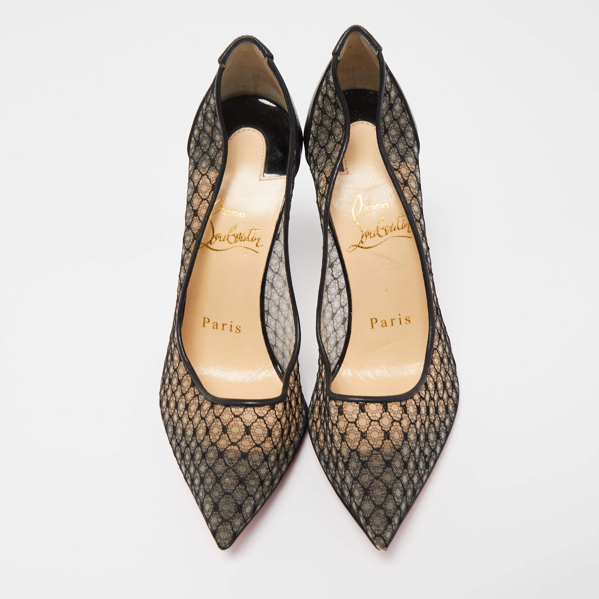 Women's Christian Louboutin Black Mesh and Leather Follies Fishnet Pumps Size 35.5 For Sale
