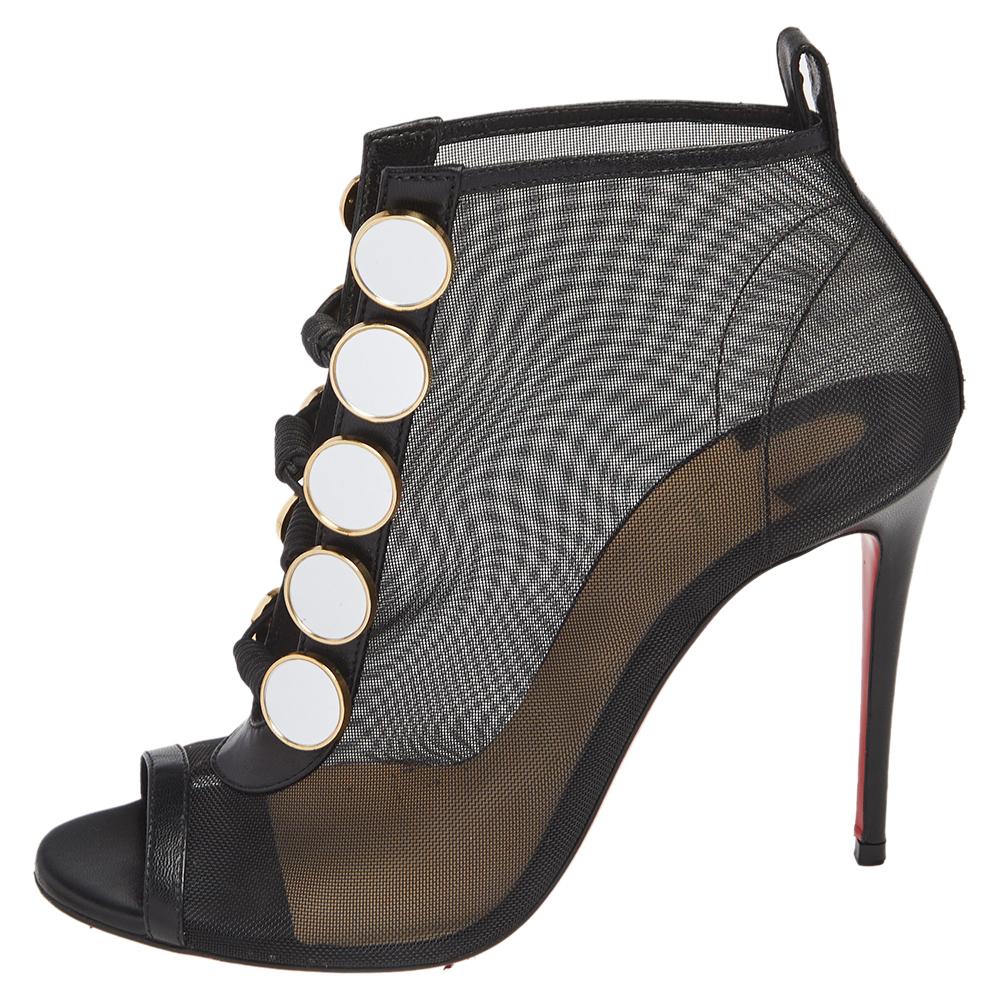 Women's Christian Louboutin Black Mesh And Leather Marita Booties Size 36.5