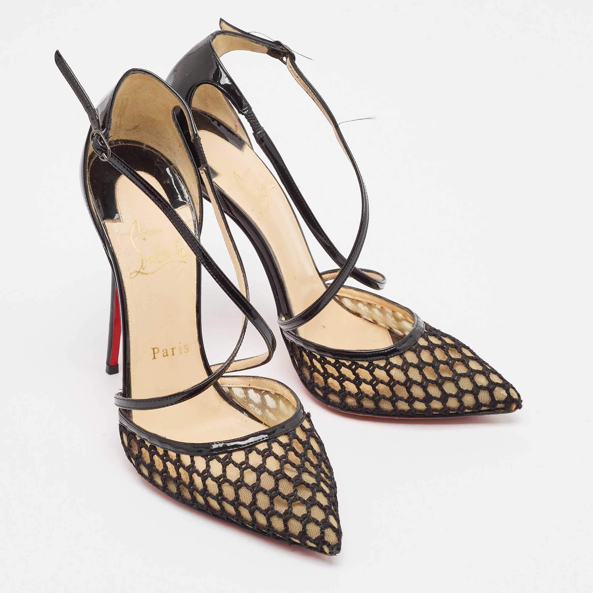 Women's Christian Louboutin Black Mesh and Patent Blake 120 Pumps Size 37.5