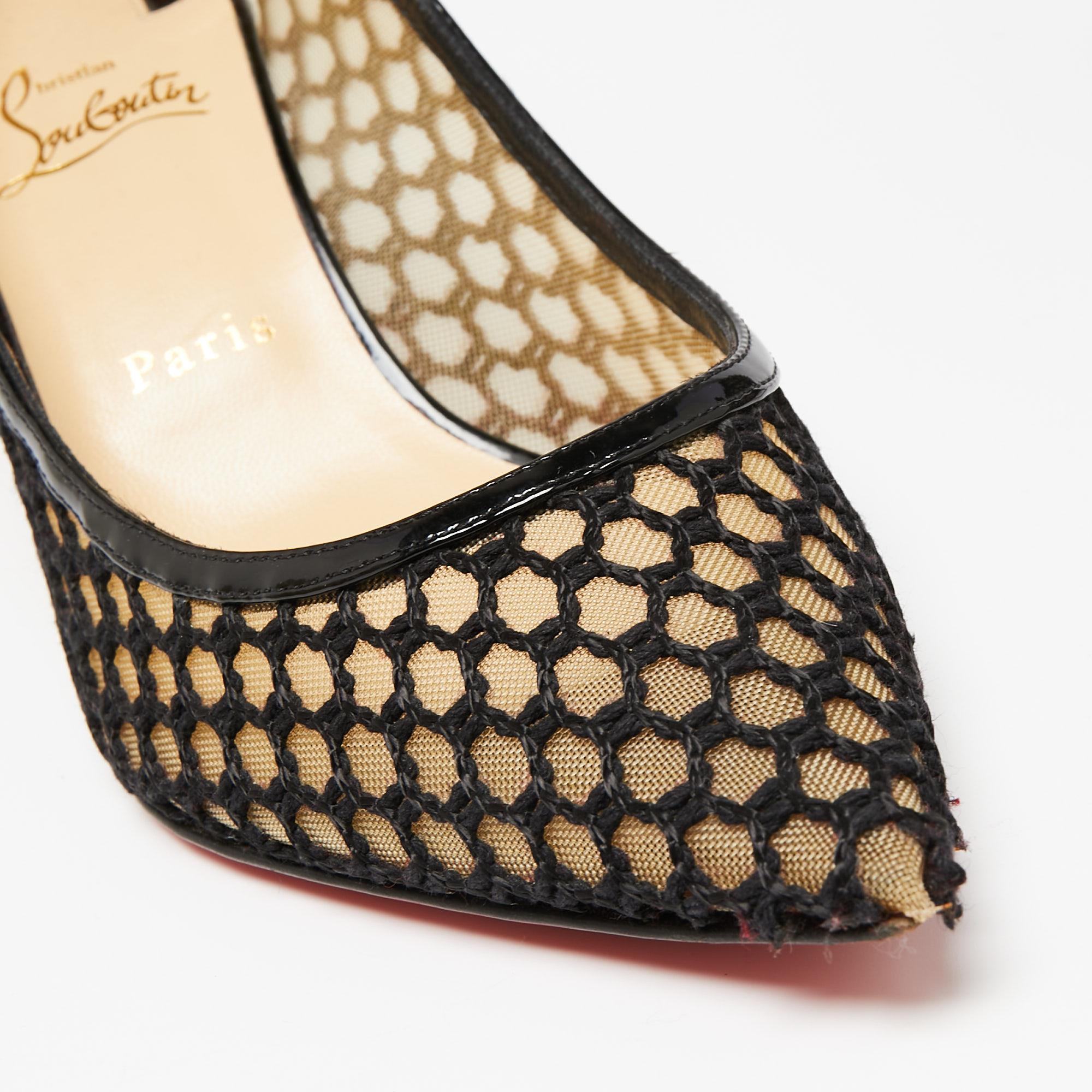Christian Louboutin Black Mesh and Patent Leather Spike Guni Pumps Size 39.5 For Sale 3