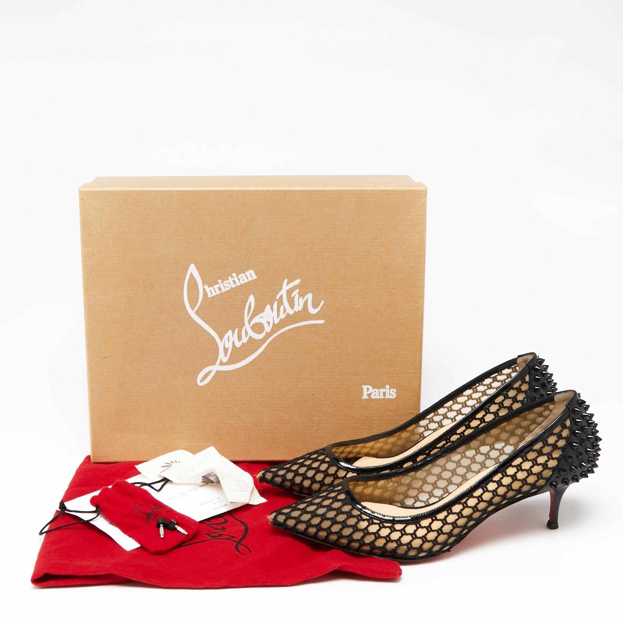 Christian Louboutin Black Mesh and Patent Leather Spike Guni Pumps Size 39.5 For Sale 4