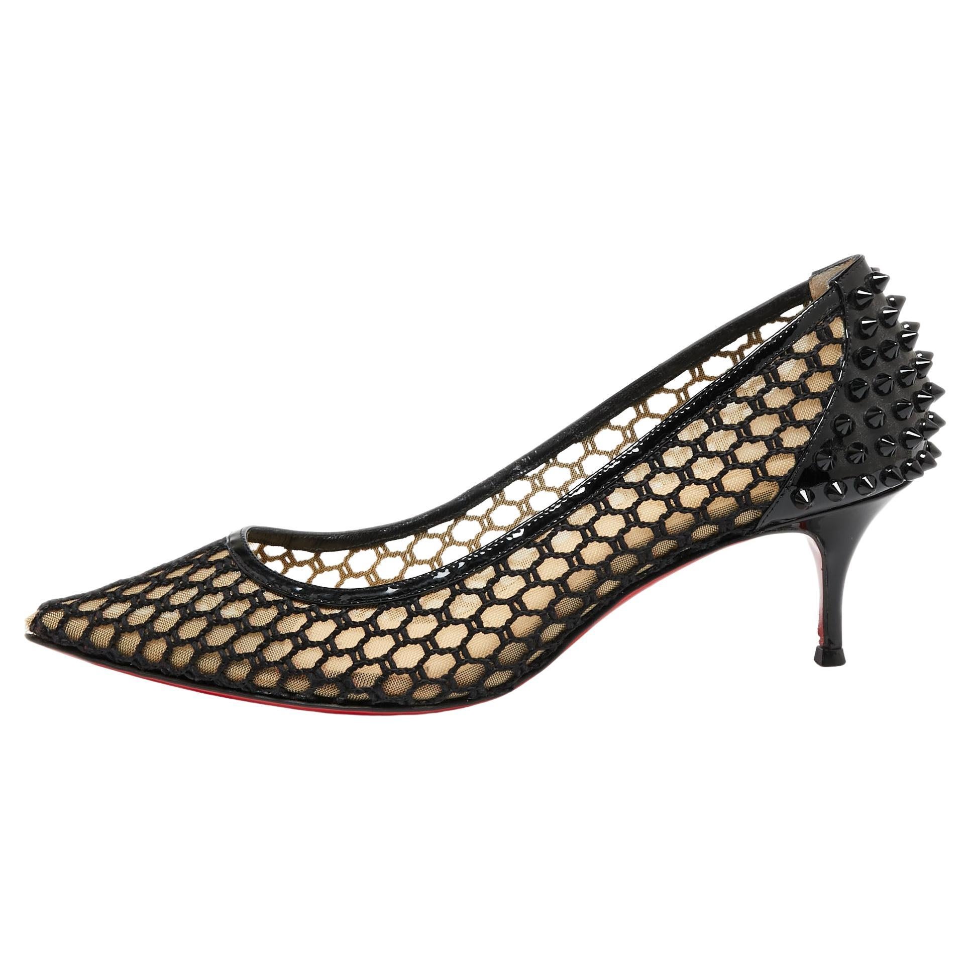 Christian Louboutin Black Mesh and Patent Leather Spike Guni Pumps Size 39.5 For Sale
