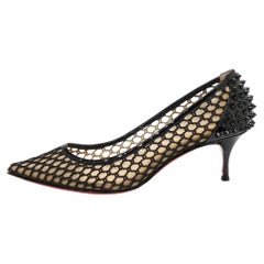 Used Christian Louboutin Black Mesh and Patent Leather Spike Guni Pumps Size 39.5