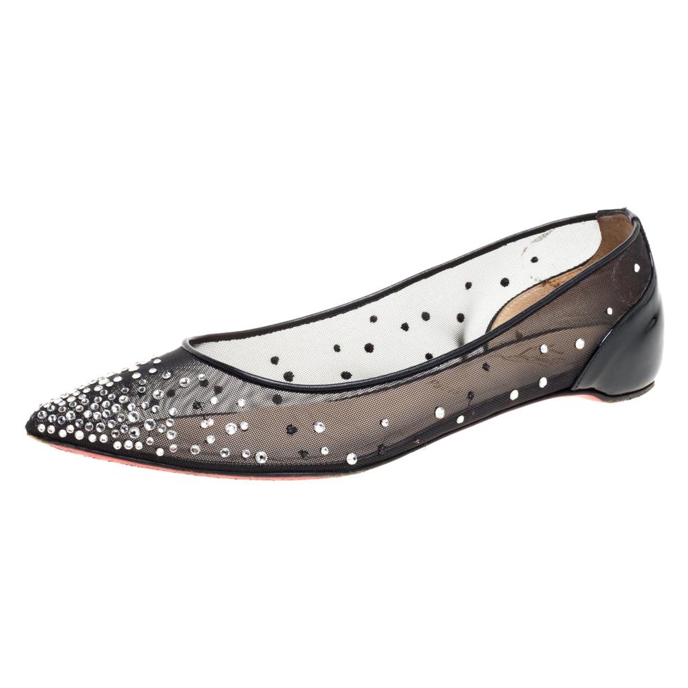 Christian Louboutin Black Mesh And Patent Leather Strass  Ballet Flats Size 39