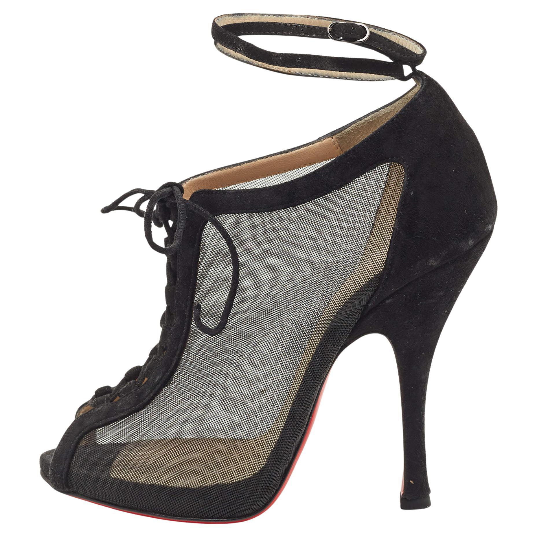 Christian Louboutin Black Mesh and Suede Abbesses Ankle Booties Size 36 For Sale