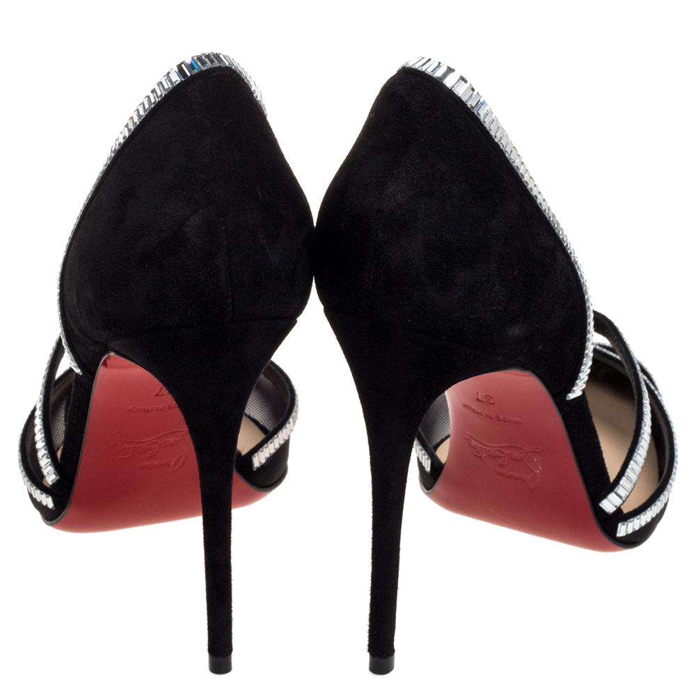 Christian Louboutin Black Mesh And Suede Chiara Crystal Embellished Pumps Size 3 In Excellent Condition In Dubai, Al Qouz 2