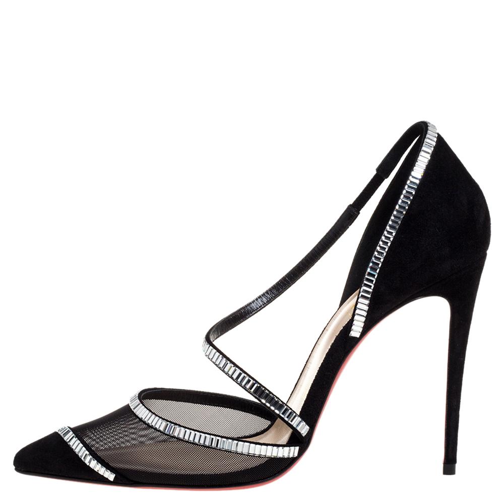 Christian Louboutin Black Mesh And Suede Chiara Crystal Embellished Pumps Size 3 1