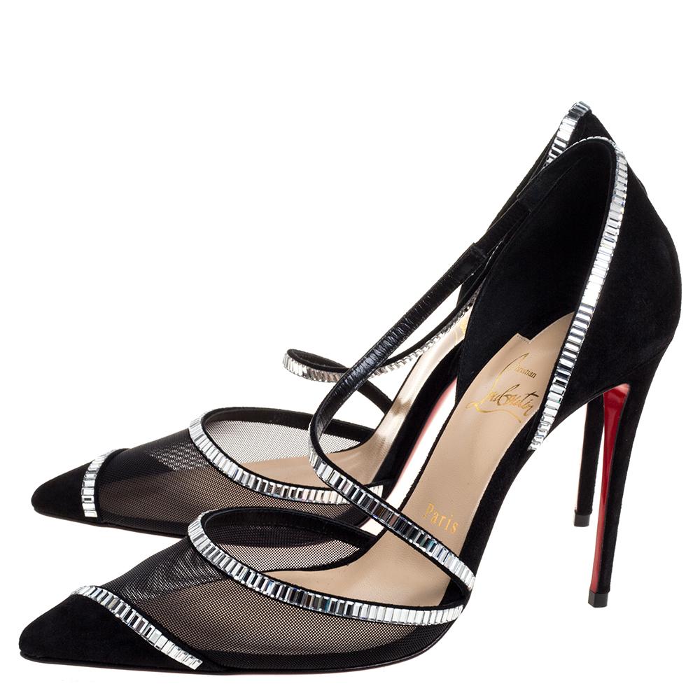 Christian Louboutin Black Mesh And Suede Chiara Crystal Embellished Pumps Size 3 3