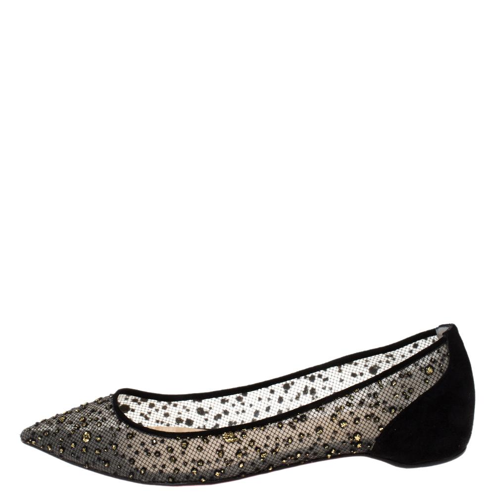 Dazzle the crowds and make a statement like never before in these gorgeous Follies Strass ballet flats from Christian Louboutin! The flats have been crafted from mesh into a pointed toe-style. They are exquisitely embellished with crystals on the