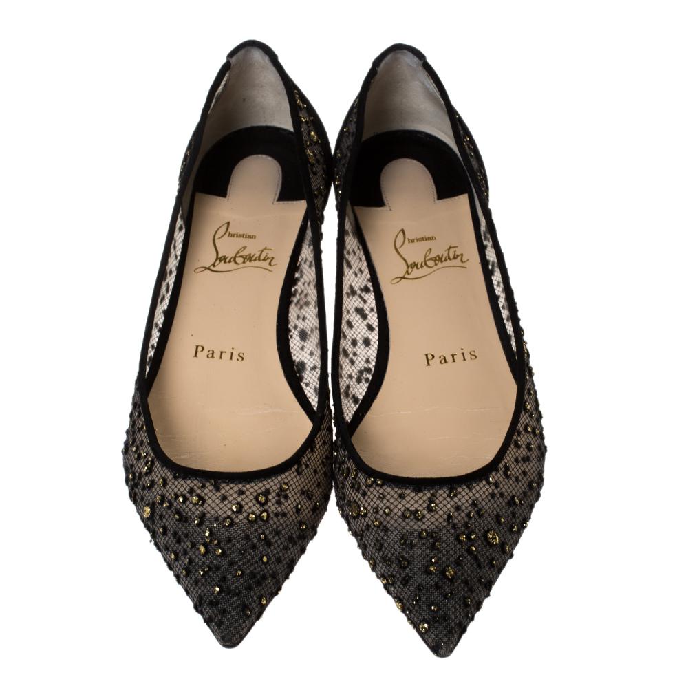 Dazzle the crowds and make a statement like never before in these gorgeous Follies Strass ballet flats from Christian Louboutin! The flats have been crafted from mesh into a pointed toe-style. They are exquisitely embellished with crystals on the