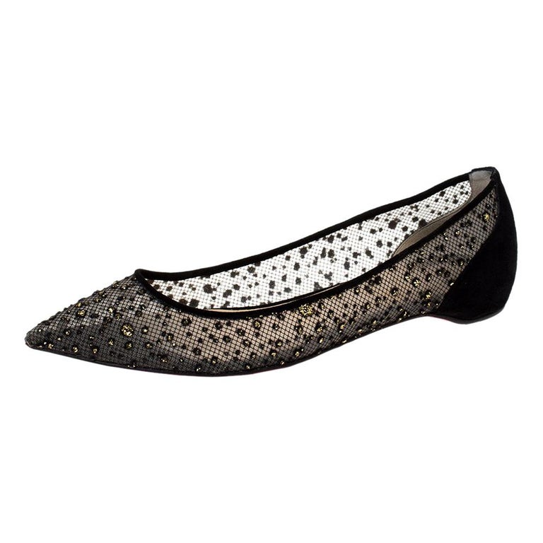 Christian Louboutin Black Mesh And Suede Follies Strass Ballet Flats Size  36 For Sale at 1stDibs