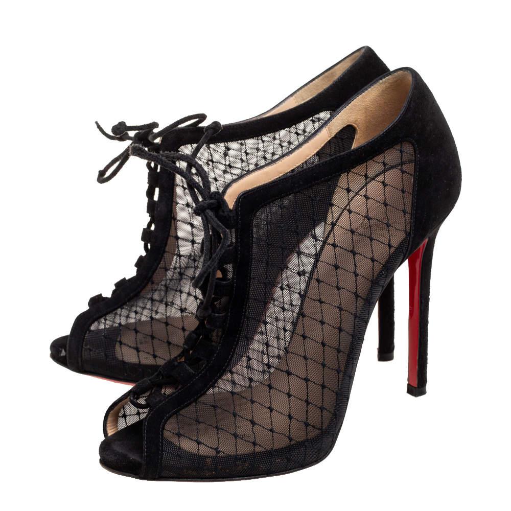 Christian Louboutin Black Mesh and Suede Lace-Up Peep-Toe Booties  In Good Condition For Sale In Dubai, Al Qouz 2