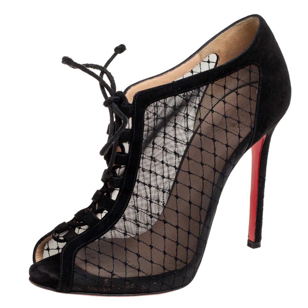 Women's Christian Louboutin Black Mesh and Suede Lace-Up Peep-Toe Booties  For Sale