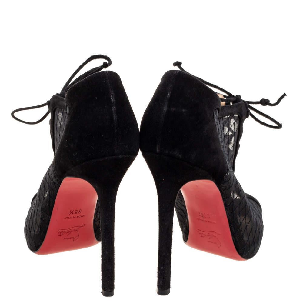 Christian Louboutin Black Mesh and Suede Lace-Up Peep-Toe Booties  For Sale 2