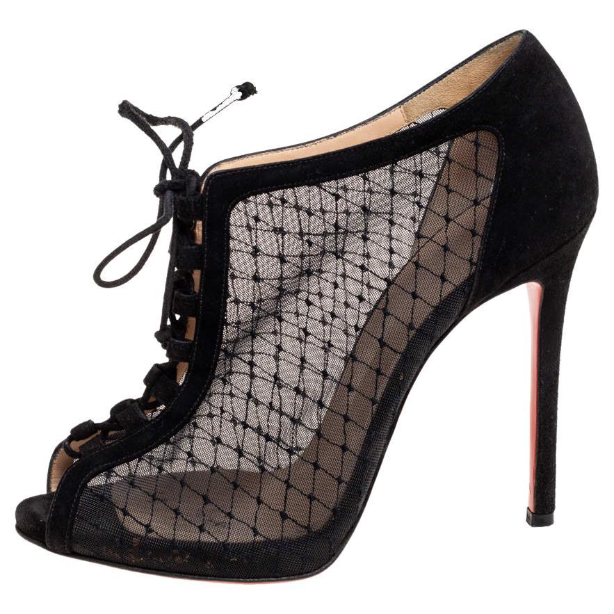 Christian Louboutin Black Mesh and Suede Lace-Up Peep-Toe Booties  For Sale