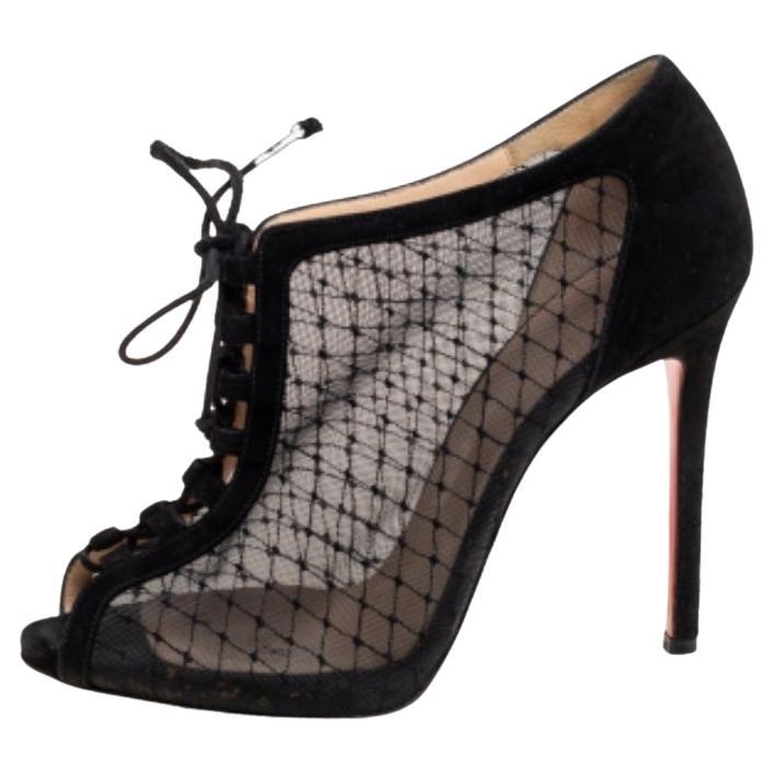 Christian Louboutin Black Mesh and Suede Lace-Up Peep-Toe Booties Size 38.5
