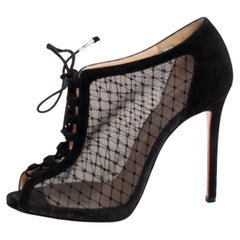 Christian Louboutin Black Mesh and Suede Lace-Up Peep-Toe Booties Size 38.5