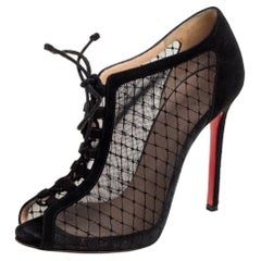 Christian Louboutin Black Mesh and Suede Lace-Up Peep-Toe Booties Size 38.5