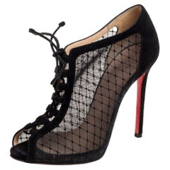 Christian Louboutin Black Mesh and Suede Lace-Up Peep-Toe Booties Size 38.5