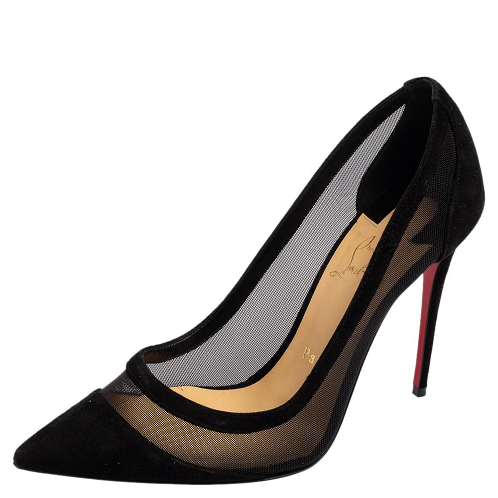 Women's Christian Louboutin Black Mesh and Suede Panel Pumps Size 38