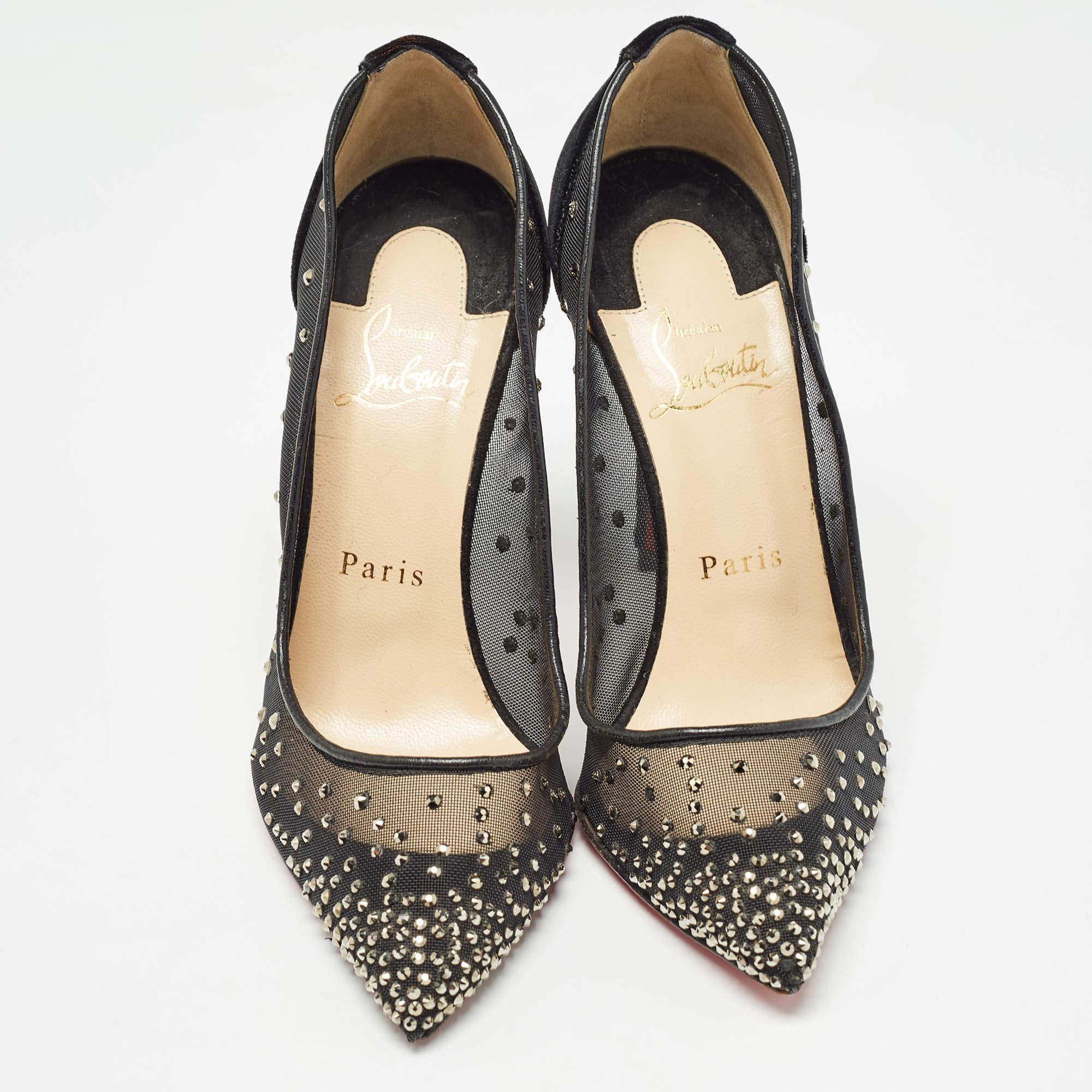 Christian Louboutin Black Mesh and Velvet Follies Strass Pumps Size 36 In Good Condition In Dubai, Al Qouz 2