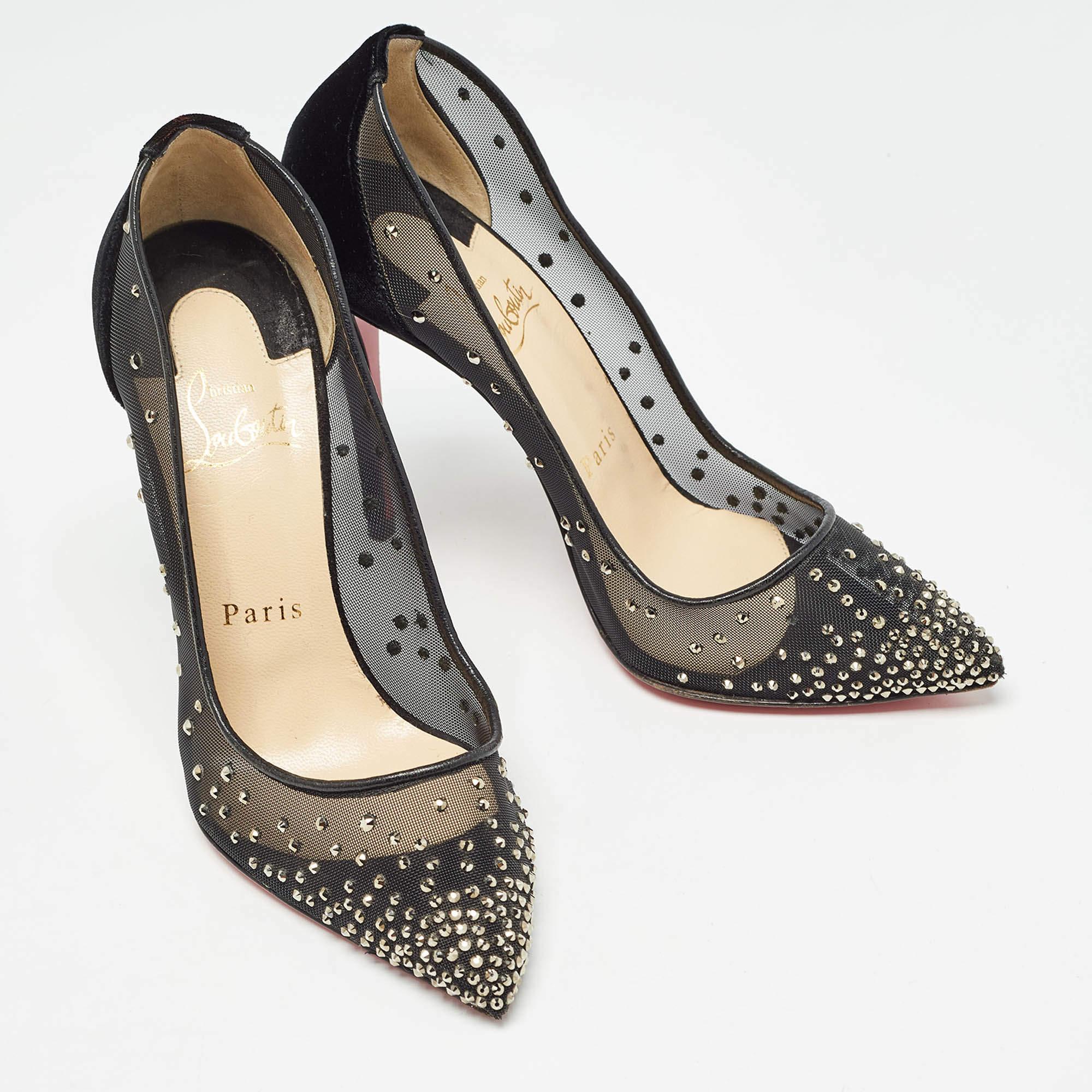 Women's Christian Louboutin Black Mesh and Velvet Follies Strass Pumps Size 36
