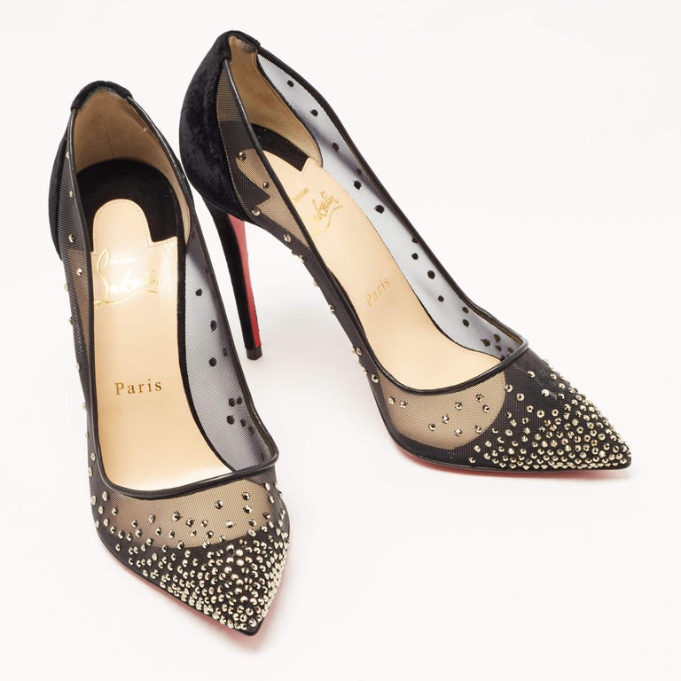 Christian Louboutin Beige/Silver Mesh and Leather Follies Strass Pumps Size  39.5 at 1stDibs