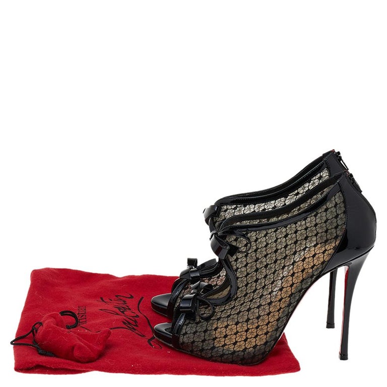 Christian Louboutin Black Mesh Empiralta Bow Open Toe Ankle Booties Size 39  at 1stDibs