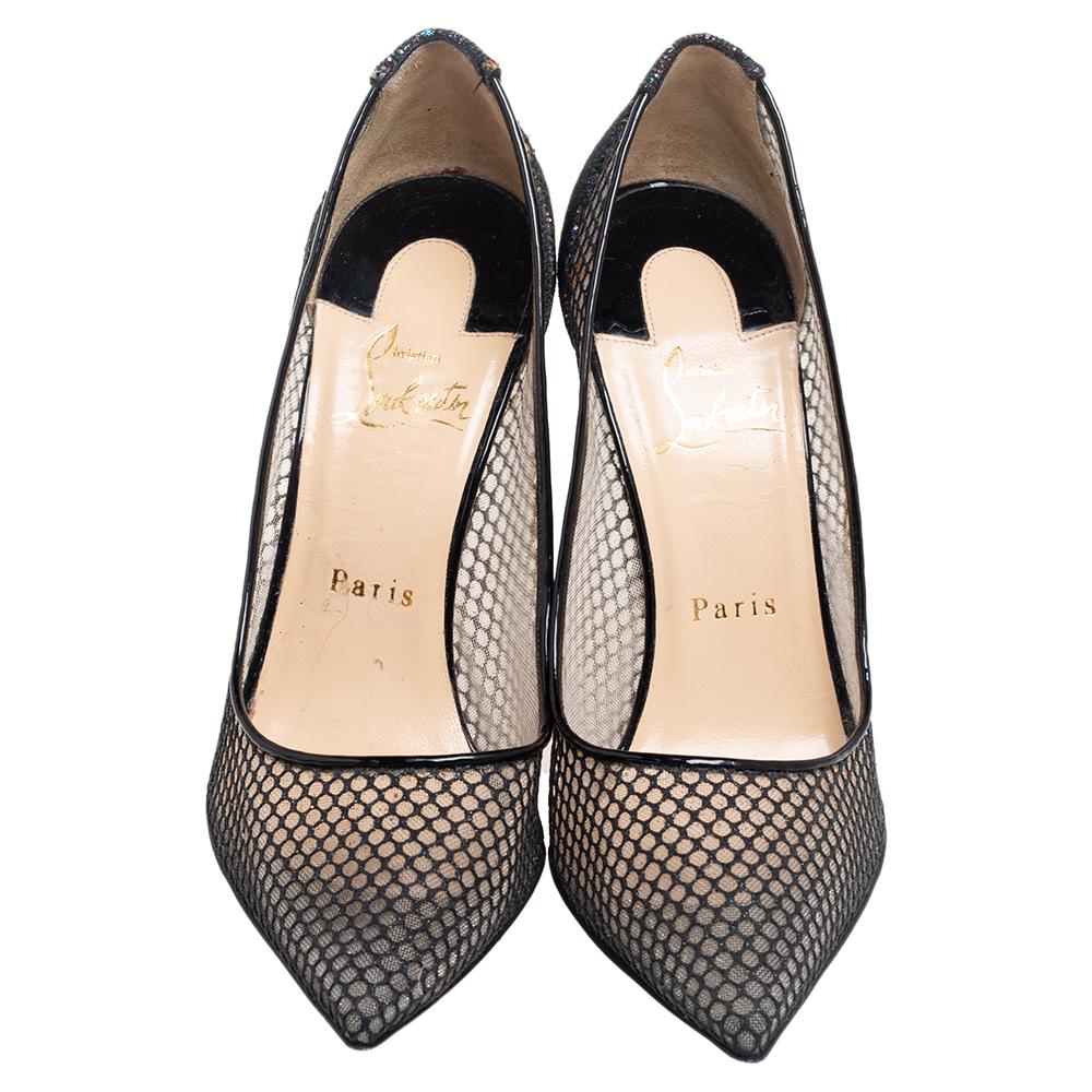 Sport these pumps made from this mesh and leather this season cause they are here to stay. Step out in sophistication and style when you don this pair of smart Christian Louboutin pumps. They come in black with pointed toes and slim