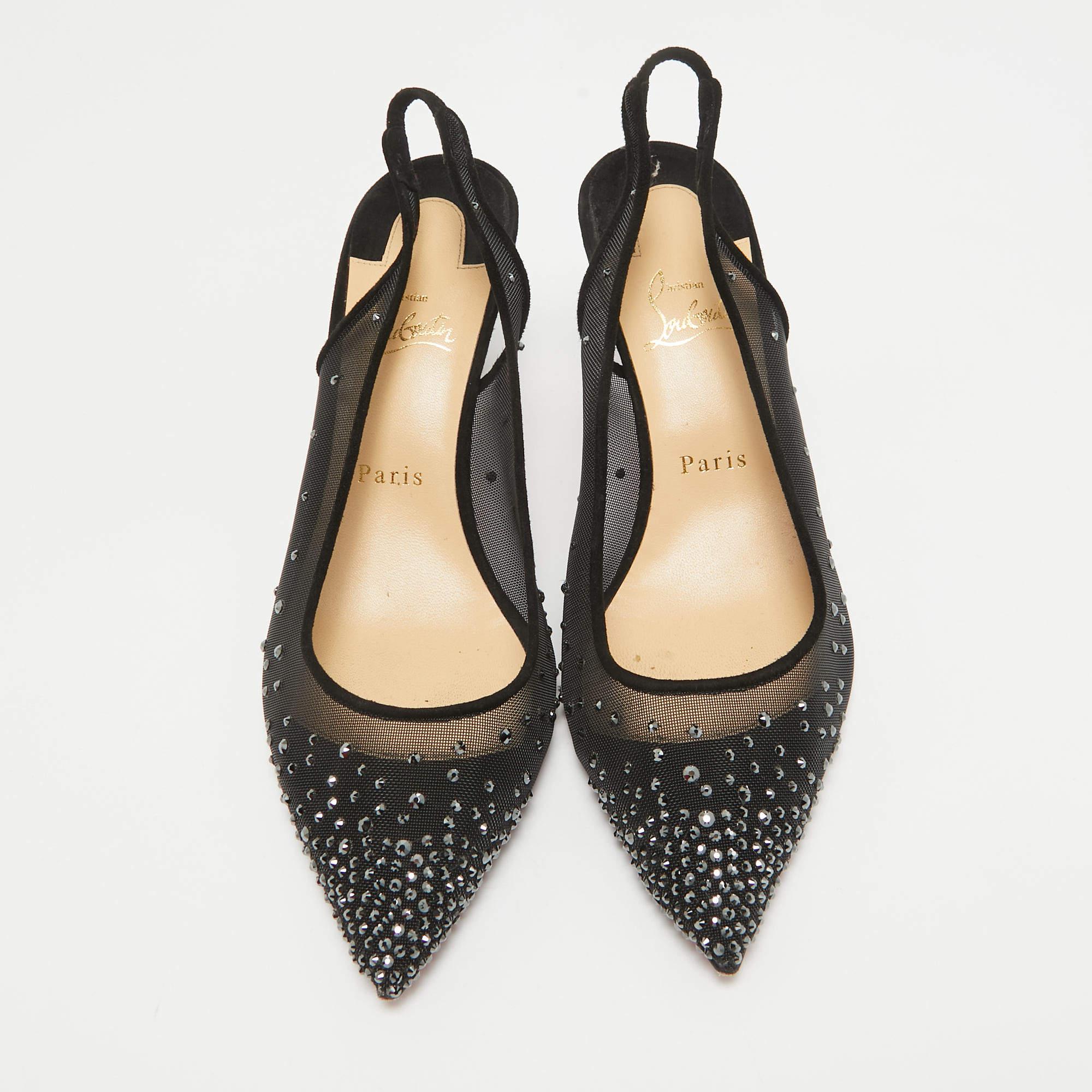 Christian Louboutin Black Mesh Follies Strass Slingback Pumps Size 39.5 In Good Condition For Sale In Dubai, Al Qouz 2