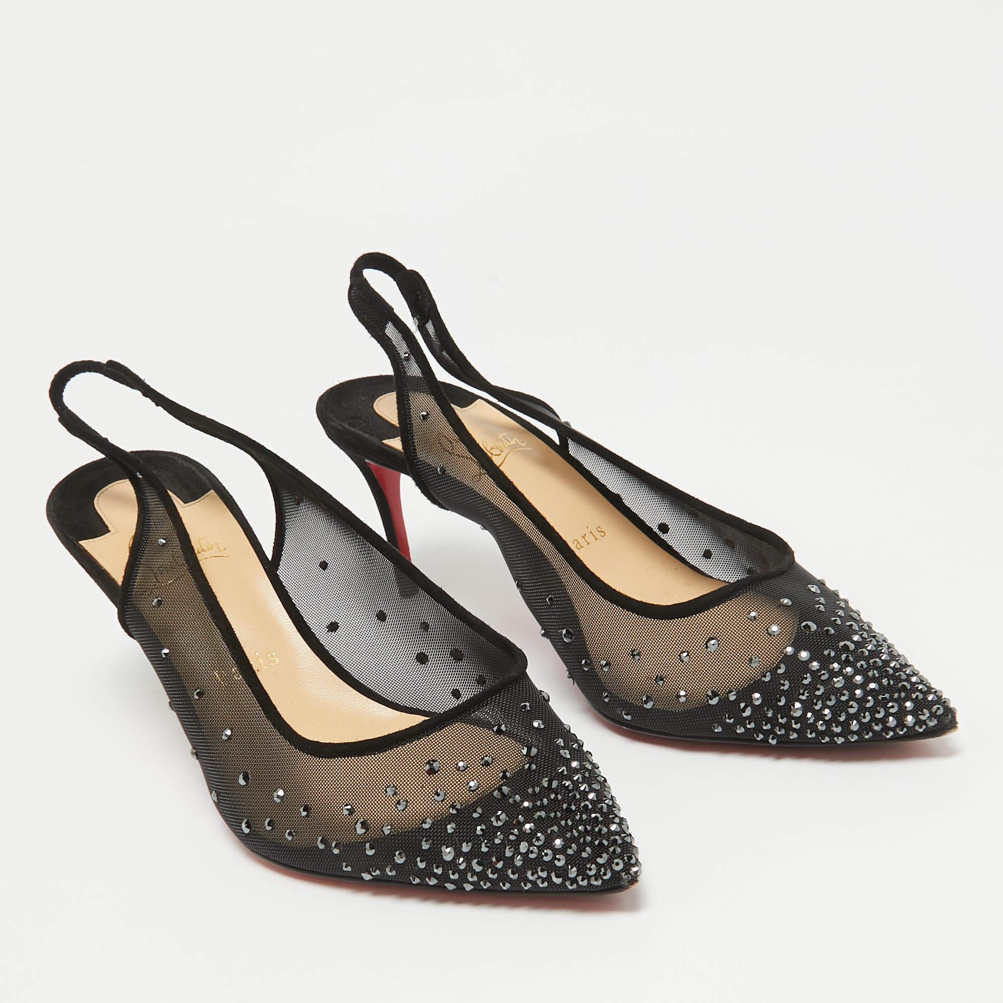 Women's Christian Louboutin Black Mesh Follies Strass Slingback Pumps Size 39.5 For Sale