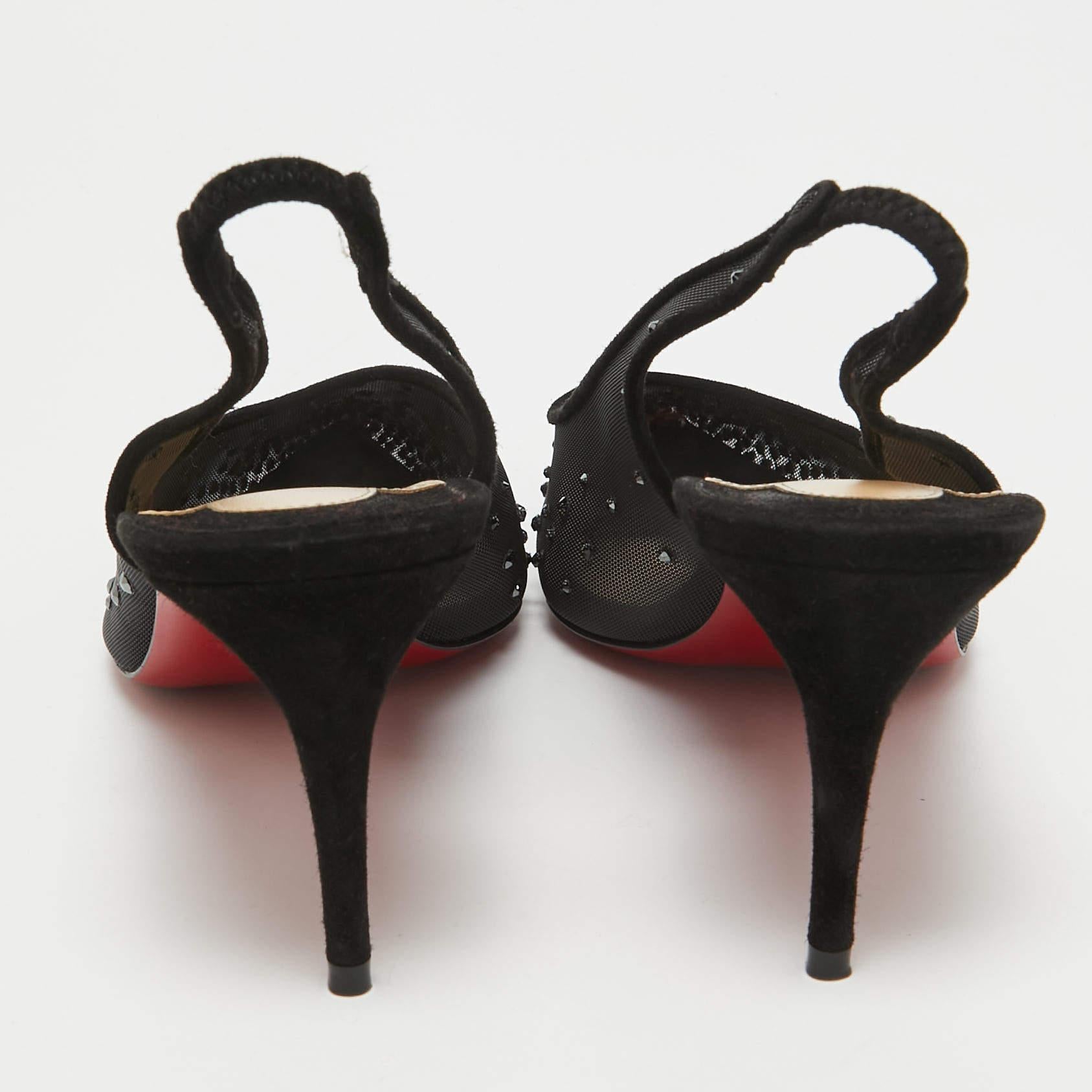 Christian Louboutin Black Mesh Follies Strass Slingback Pumps Size 39.5 For Sale 1