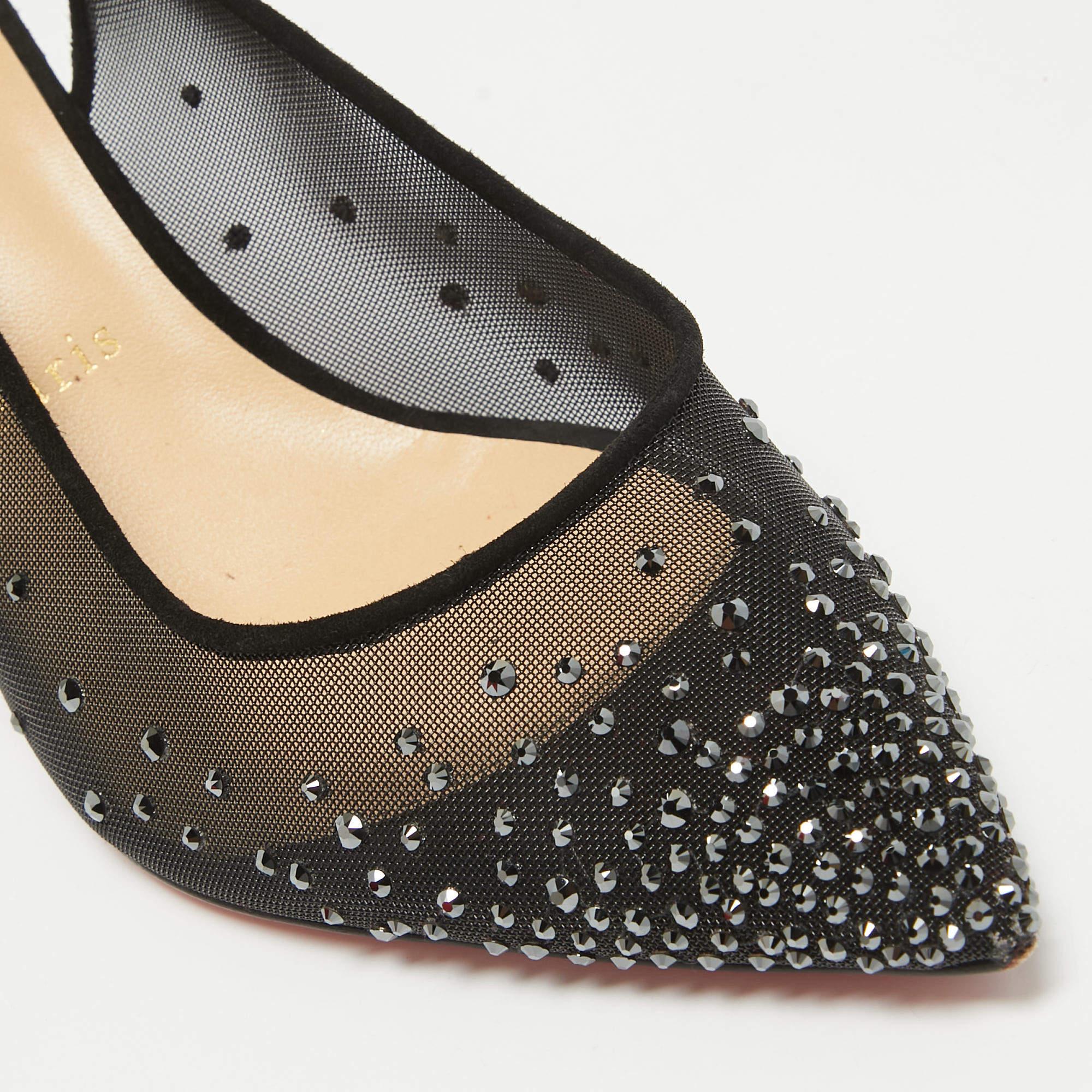 Christian Louboutin Black Mesh Follies Strass Slingback Pumps Size 39.5 For Sale 3