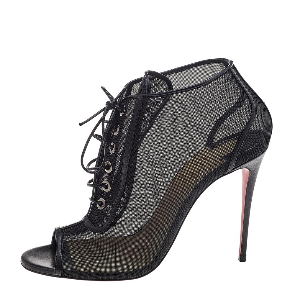 Christian Louboutin Black Mesh Open Ondessa Lace Up Booties Size 38 1