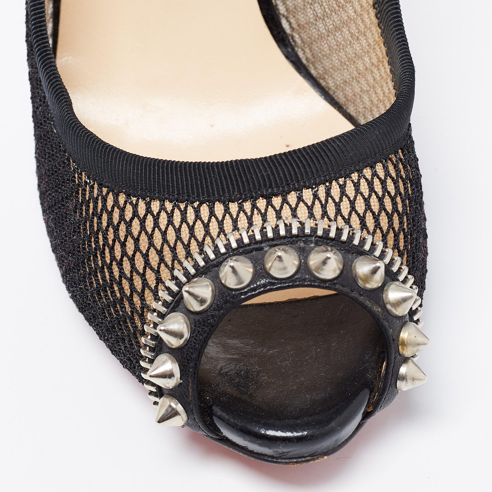 Christian Louboutin Black Mesh Patent Leather Spiked Peep Toe Pumps ...