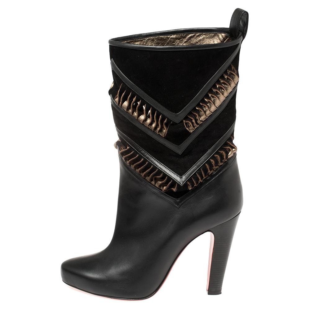 Contemporary, edgy, and finely designed, these Romy midcalf boots from Christian Louboutin are worth the buy! They have been crafted from black leather and suede into an almond-toe silhouette and styled with metallic bronze pleated strap details
