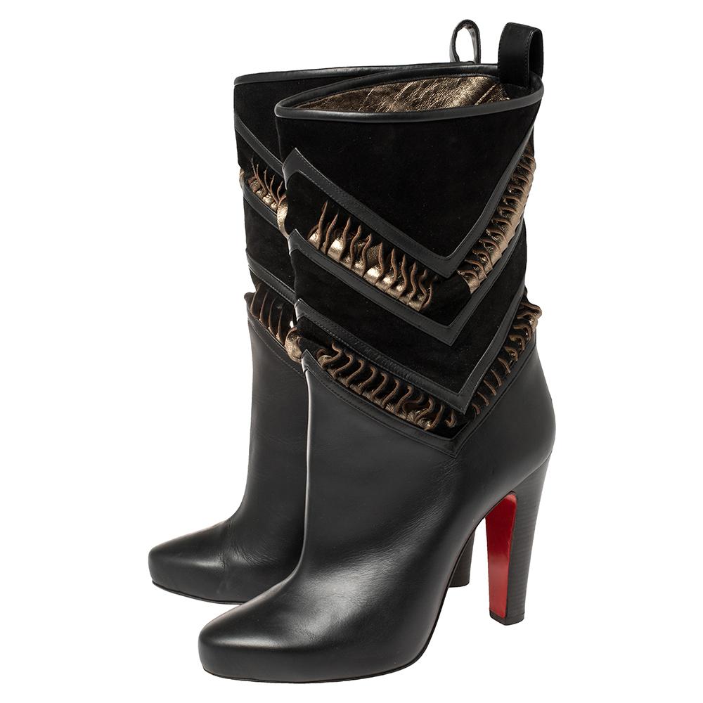 Christian Louboutin Black/Metallic Bronze Suede And Leather Romy Midcalf Boots S In Good Condition In Dubai, Al Qouz 2