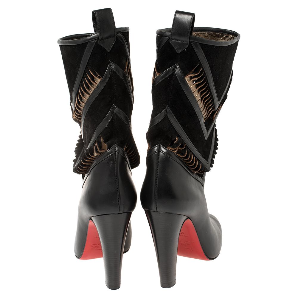 Christian Louboutin Black/Metallic Bronze Suede And Leather Romy Midcalf Boots S 1