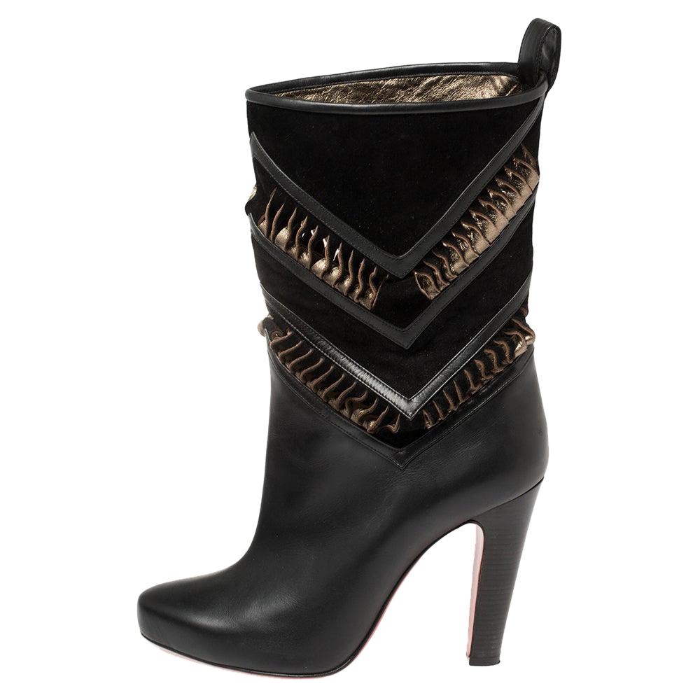 Christian Louboutin Black/Metallic Bronze Suede And Leather Romy Midcalf Boots S