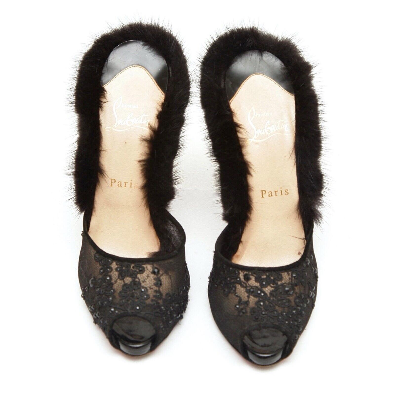 CHRISTIAN LOUBOUTIN Black Mule NUTRIA 120 Fur Crystals Lace Netting Leather 38.5 In Fair Condition For Sale In Hollywood, FL