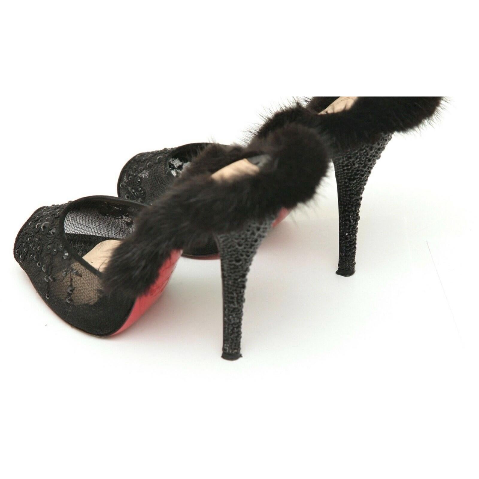 CHRISTIAN LOUBOUTIN Black Mule NUTRIA 120 Fur Crystals Lace Netting Leather 38.5 For Sale 3