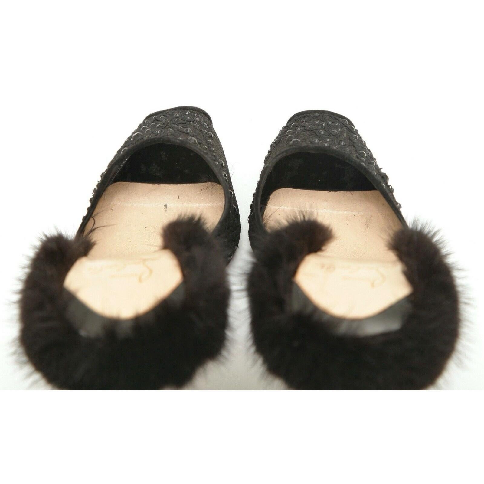 CHRISTIAN LOUBOUTIN Black Mule NUTRIA 120 Fur Crystals Lace Netting Leather 38.5 For Sale 4