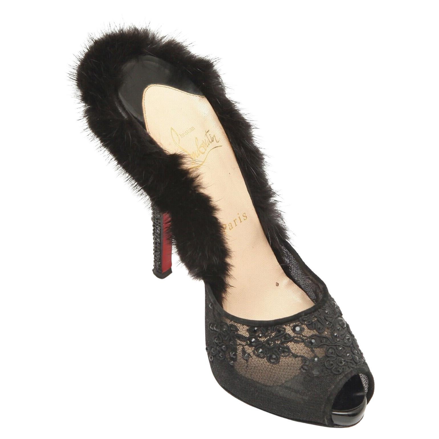 CHRISTIAN LOUBOUTIN Mule noire NUTRIA 120 en fourrure et dentelle Netting Leather 38,5 en vente