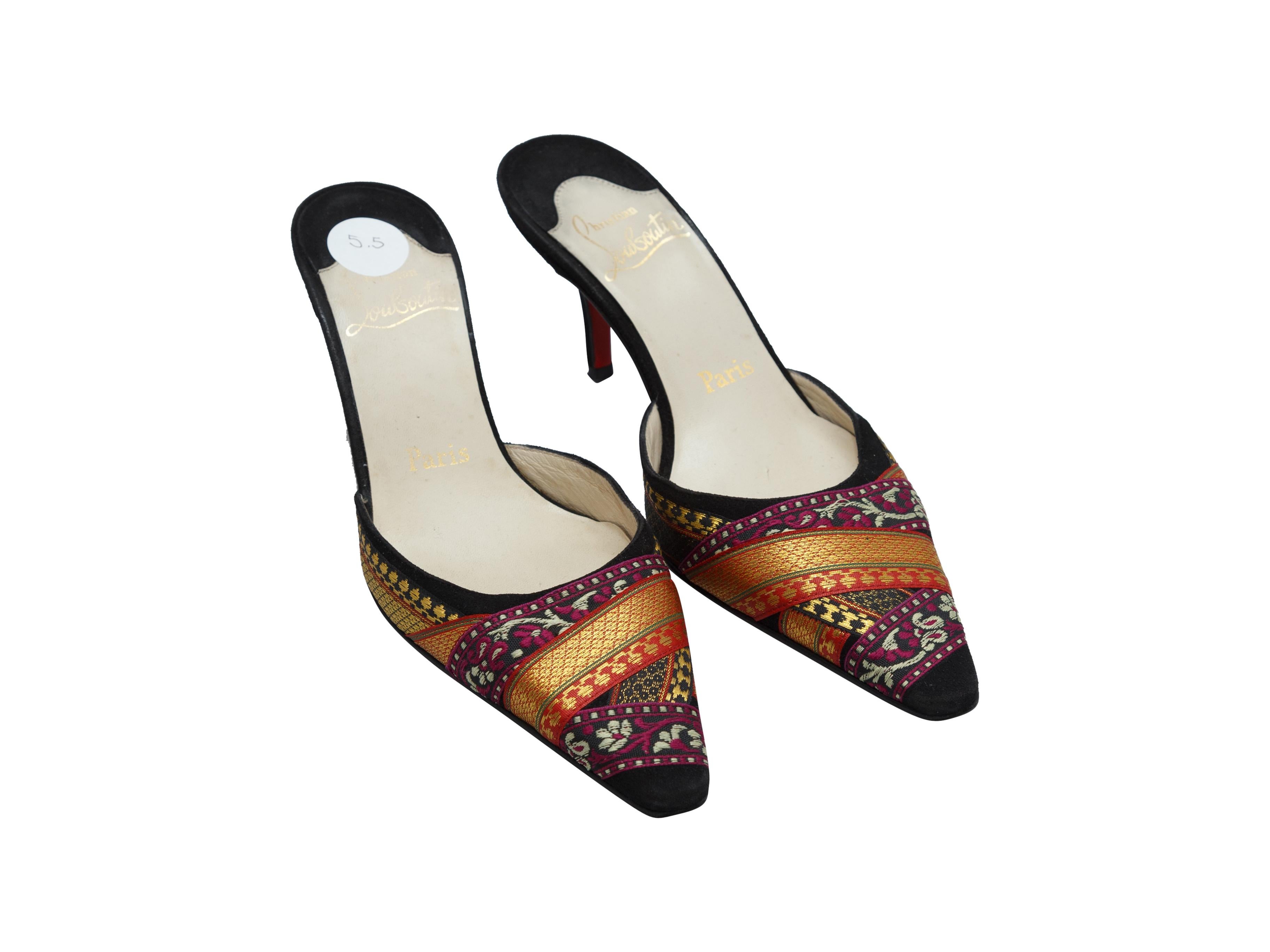 Product details: Black and multicolor brocade pointed-toe mules by Christian Louboutin. Designer size 35.5. 2.75
