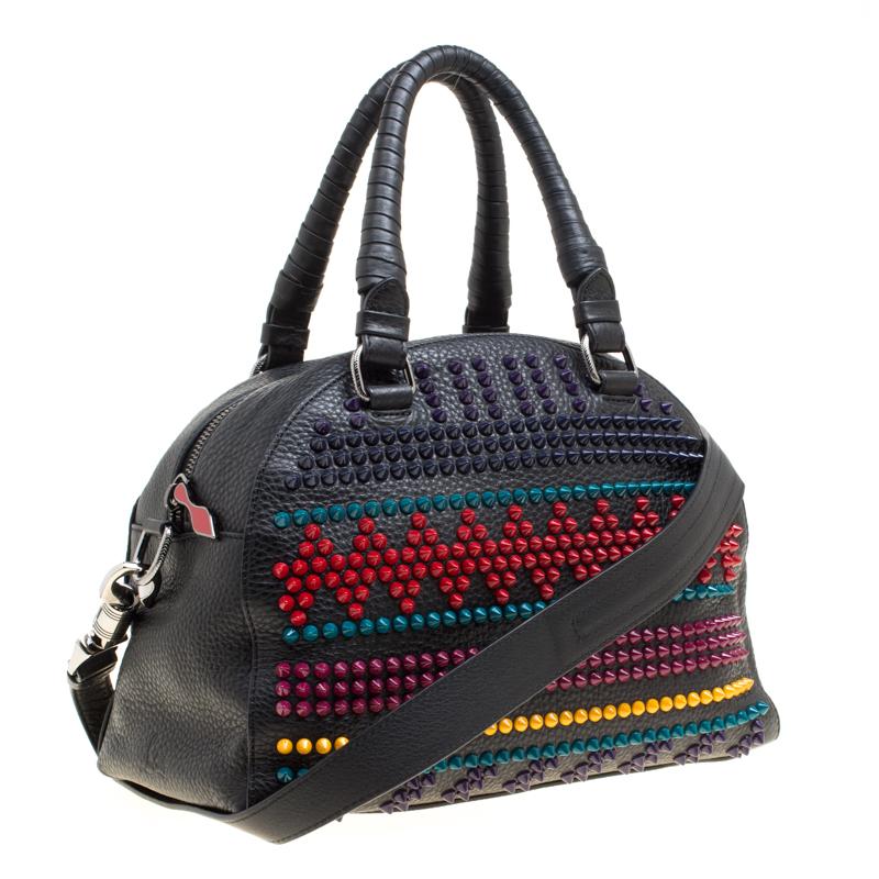 Women's Christian Louboutin Black/Multicolor Leather Spike Studded Bowler Bag