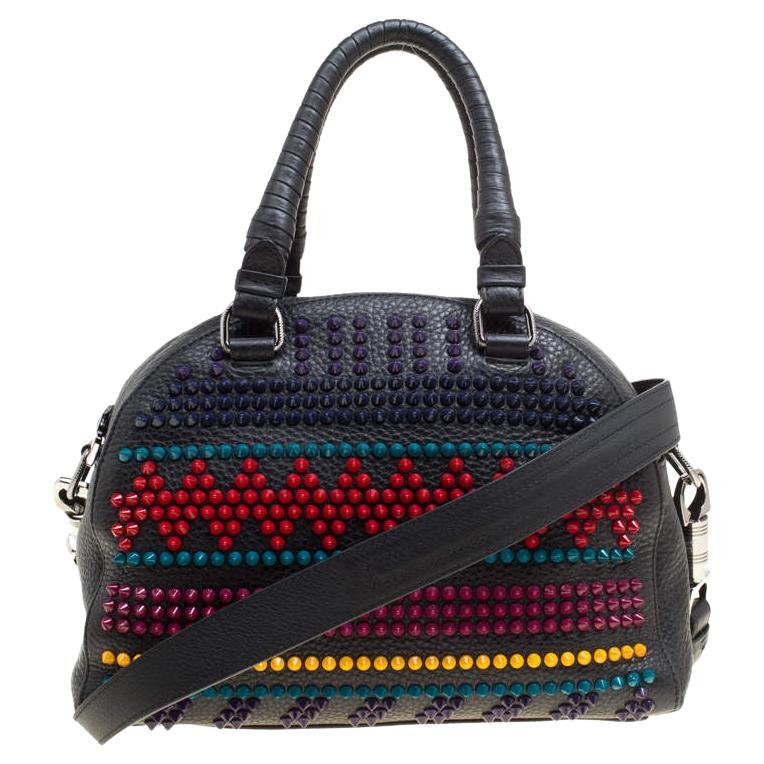 Christian Louboutin Black/Multicolor Leather Spike Studded Bowler Bag For Sale
