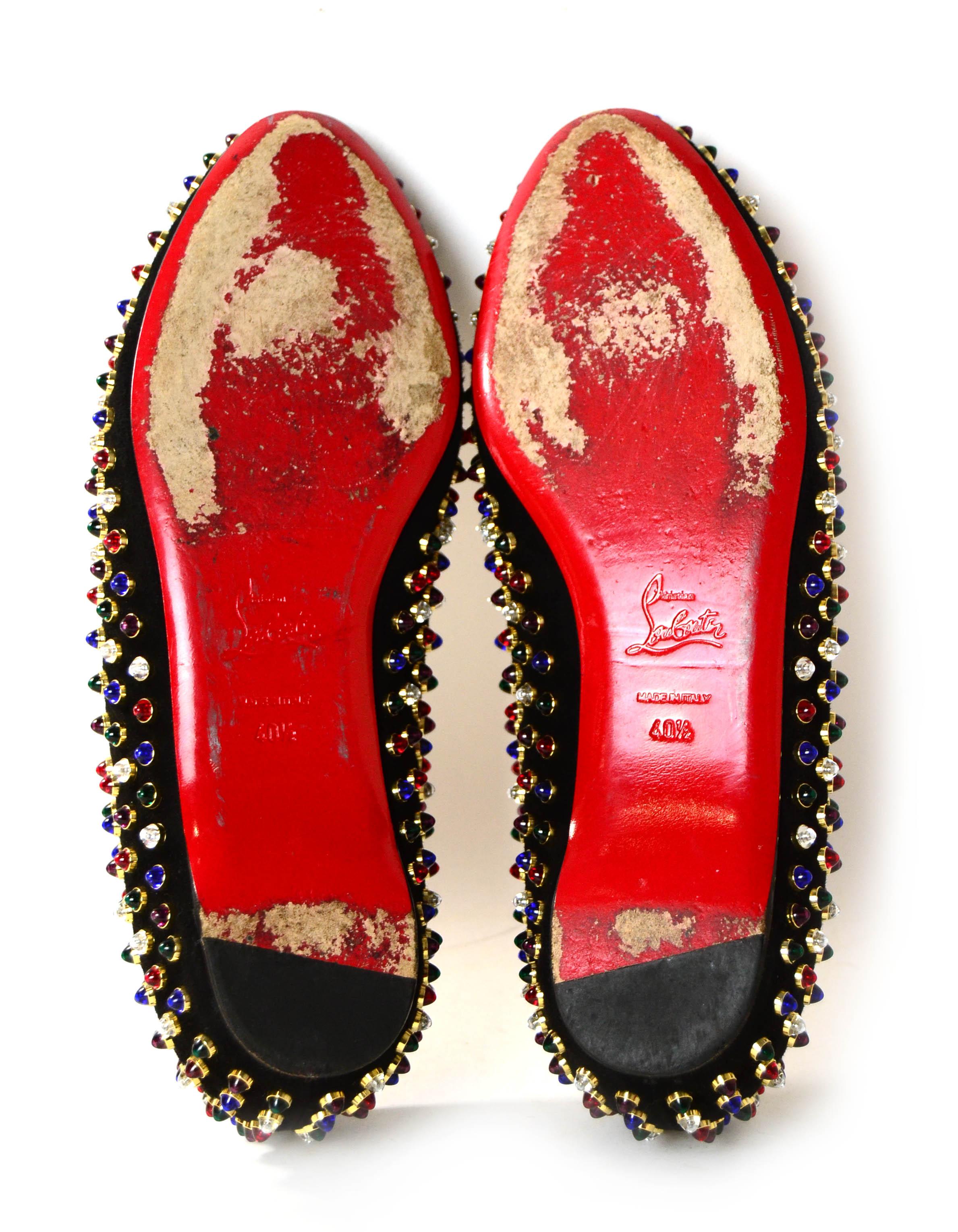 Christian Louboutin Black/Multicolor Suede Jewel Studded Fifi Cabo Flats sz 40.5 In Excellent Condition In New York, NY