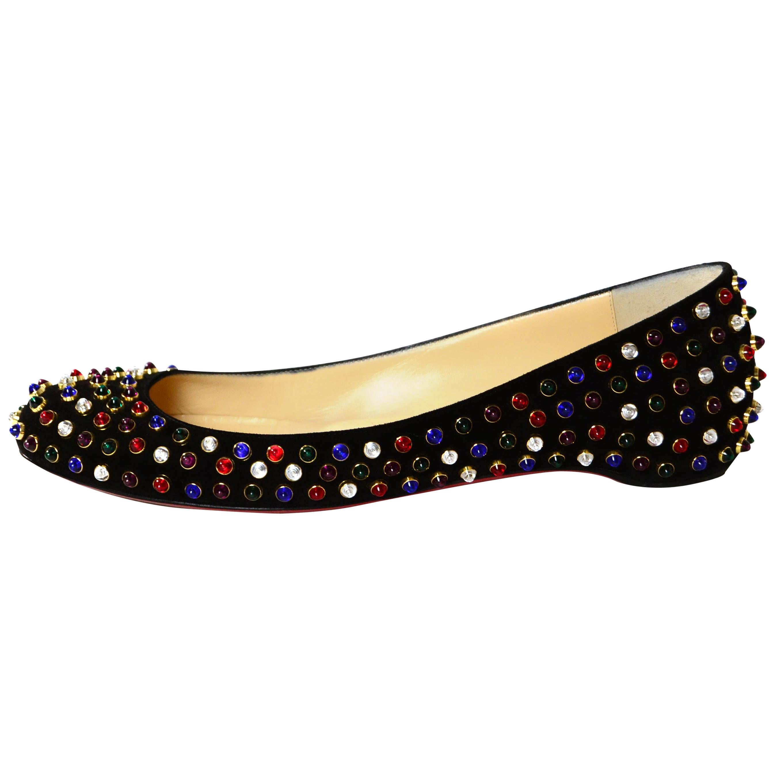 Christian Louboutin Black/Multicolor Suede Jewel Studded Fifi Cabo Flats sz 40.5